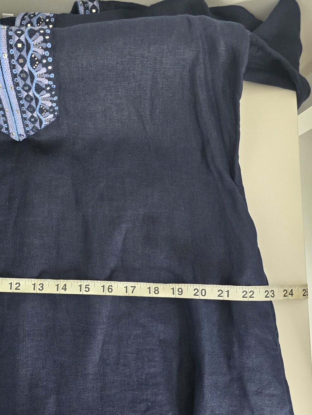 Chico's Navy Blue Embroidered Beaded Linen Tunic Dress Boho Size 1 US 8 Pockets - Picture 13 of 15